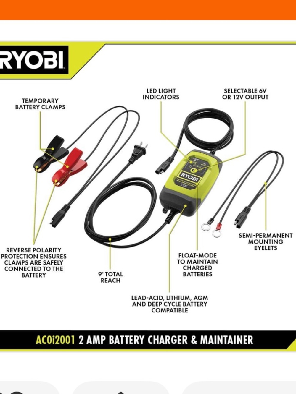 RYOBI 6V/12V 2 Amp Battery Charger & Maintainer - Yellow/Black - Picture 9 of 10